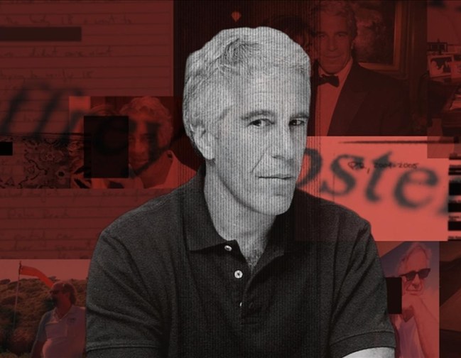 Jeffrey Epstein'in kırmızı tonlarda işlenmiş bir kolaj fotoğrafı