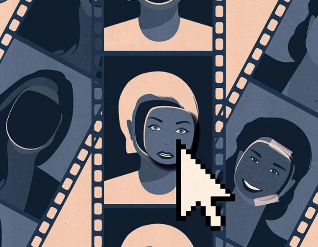 Bir imleç, film şeridi üzerindeki bir yüze tıklıyor