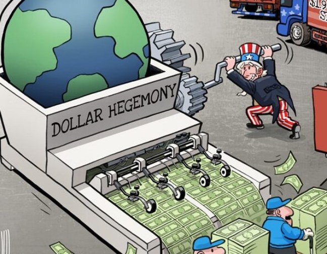 Dolar hegemonyasını simgeleyen karikatür, Uncle Sam dünyayı sıkıştırıp dolar üretiyor