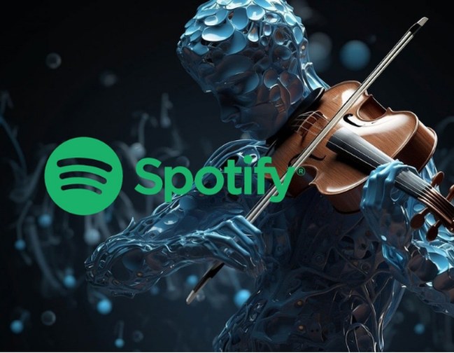 Spotify logosu önünde keman çalan yapay zekâ figürü