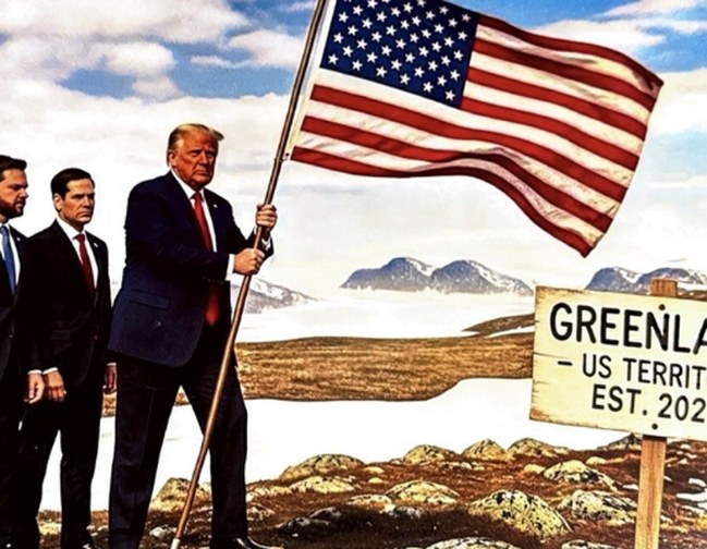 Trump, Grönland'da Amerikan bayrağı tutuyor