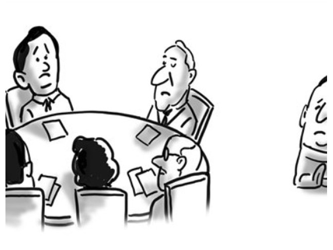 Bir masadaki gruptan uzakta, elinde füze tutan yalnız bir figürü gösteren karikatür